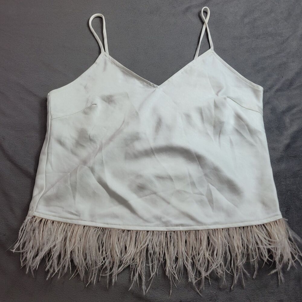Audrey 3+1 Cropped Short Womens Large White Feather Blush Pink Trim Silky Tank
